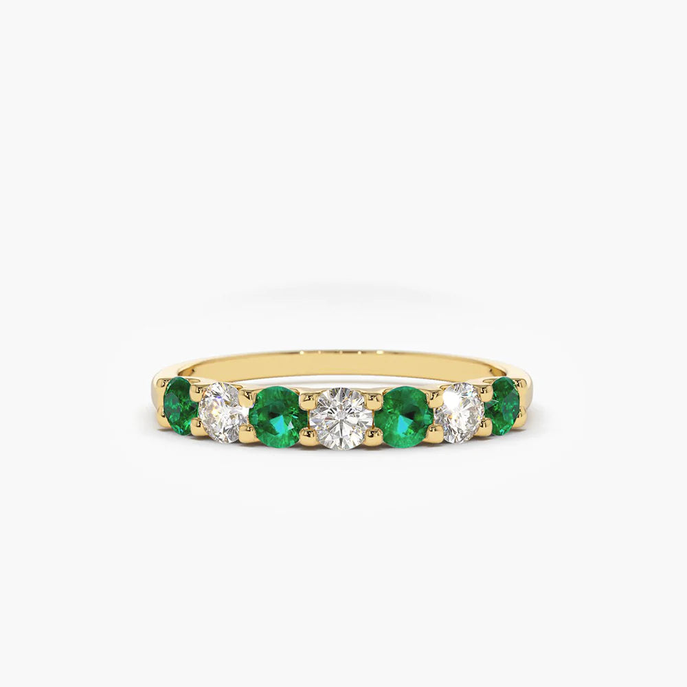Solid Gold Alternating Emerald and Diamond Wedding Band