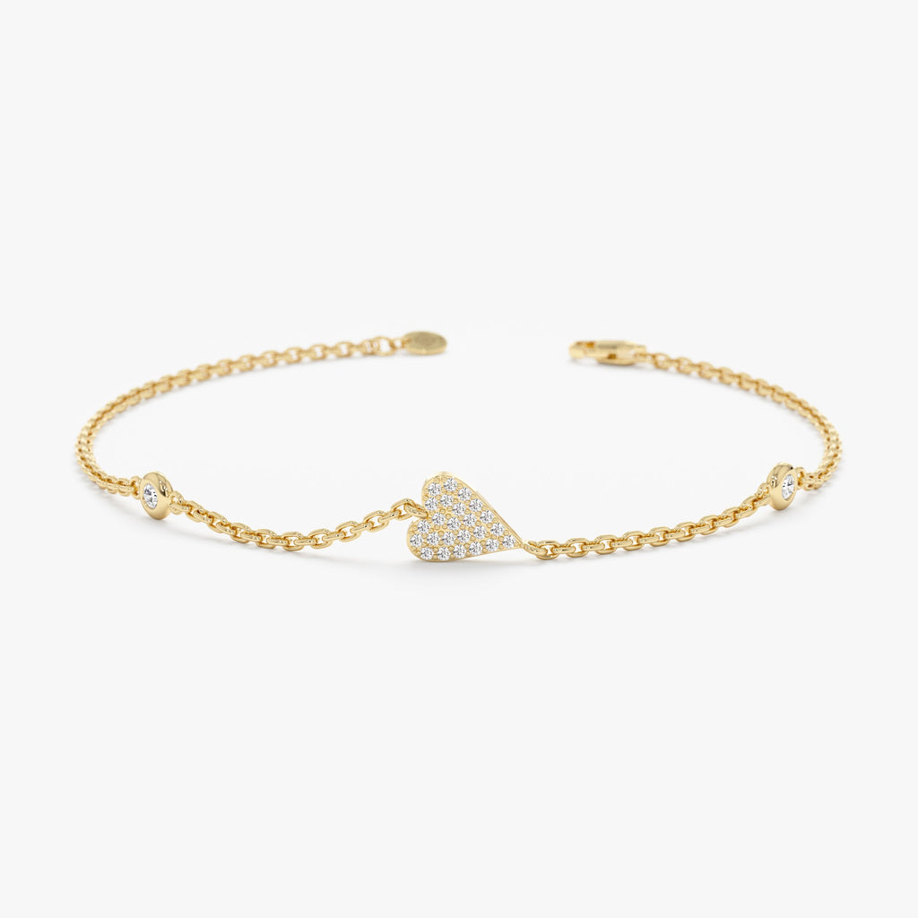 Solid Gold Diamond Heart Station Bracelet