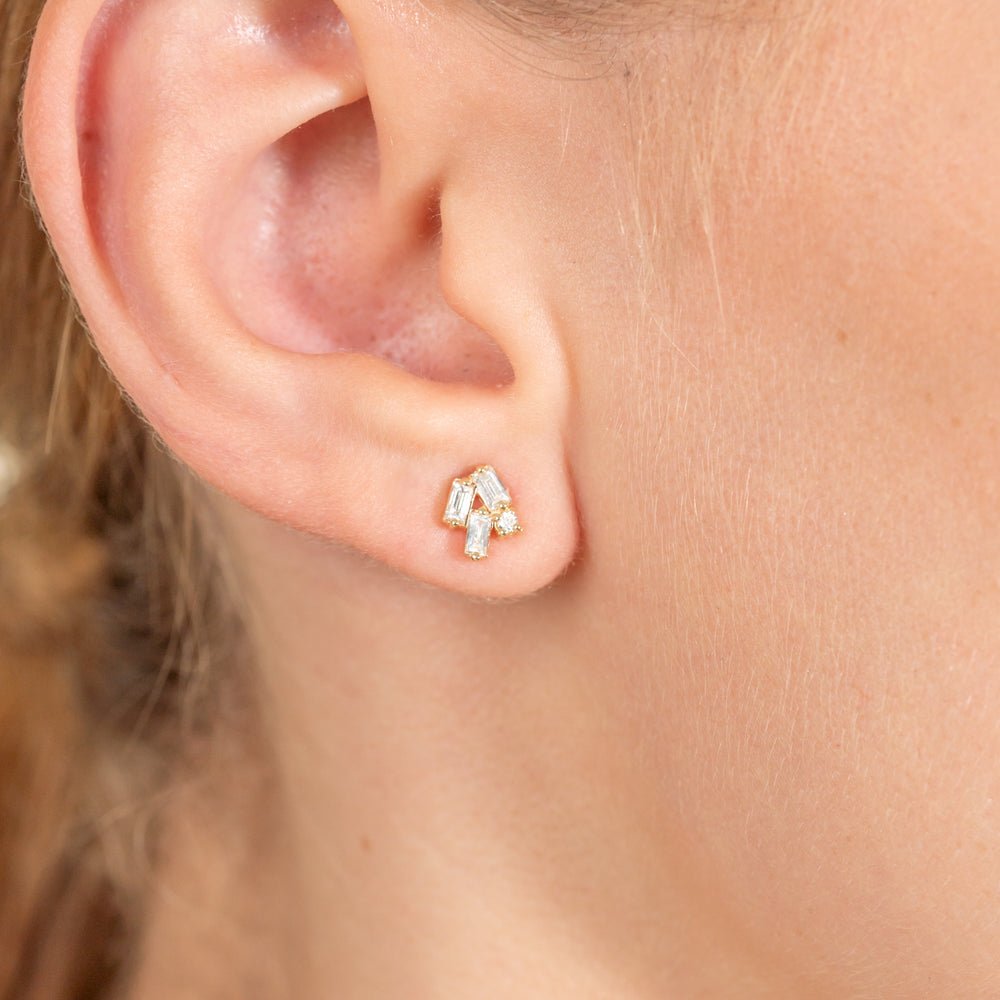 Solid Gold Baguette Diamond Cluster Studs
