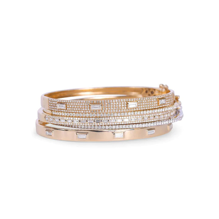 Solid Gold Diamond Cigar Band Bangle With Inset Baguette Diamonds