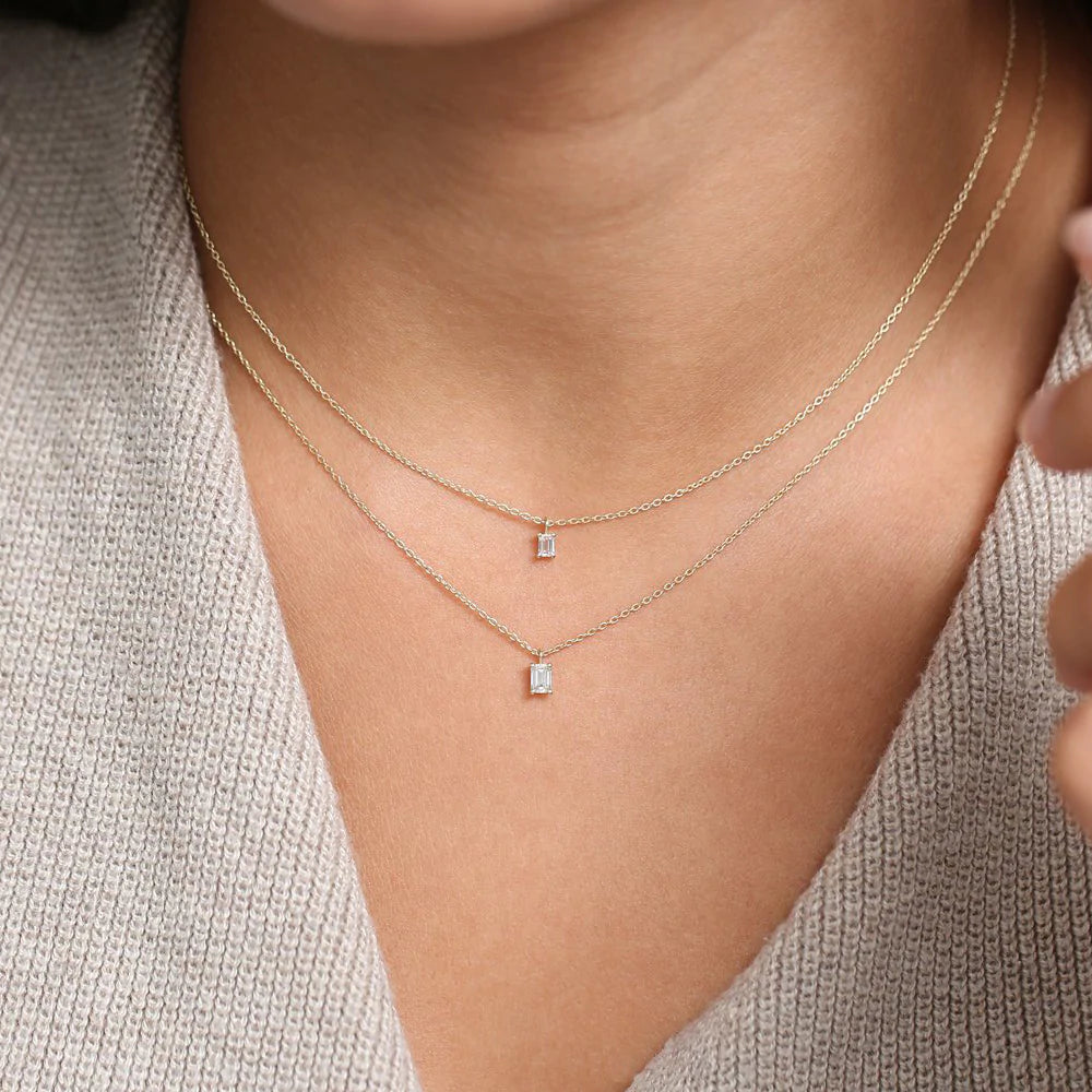 Solid Gold Emerald Cut Diamond Solitaire Necklace