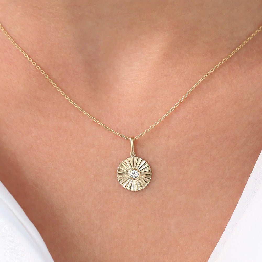 Solid Gold Diamond Disc Ray Necklace