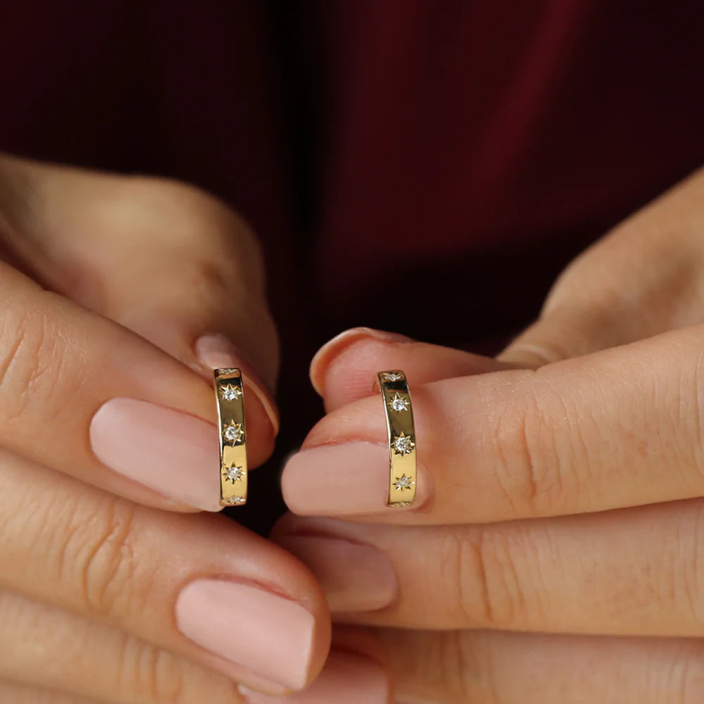 Solid Gold Star setting Minimal Diamond Hoops
