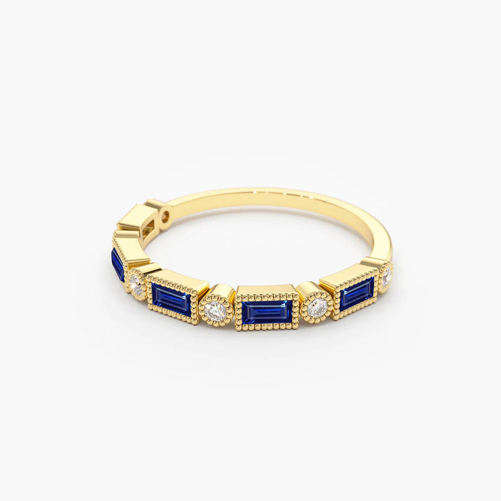 Solid Gold Sapphire Baguette and Diamond Ring (0324D0)