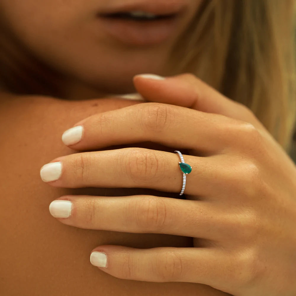 Solid Gold Slanted Pear Shape Emerald Ring with Pave Diamonds