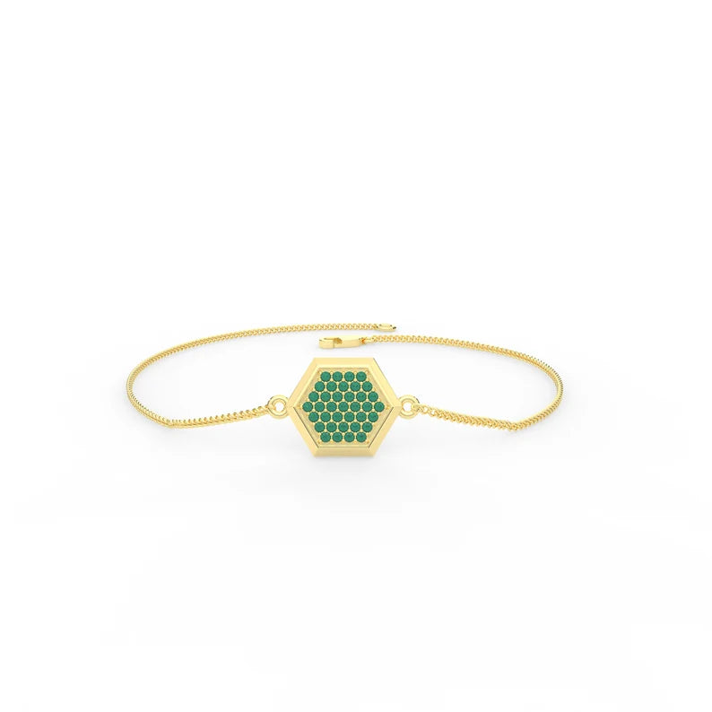Solid Gold Natural Emerald Hexagon Chain Bracelet