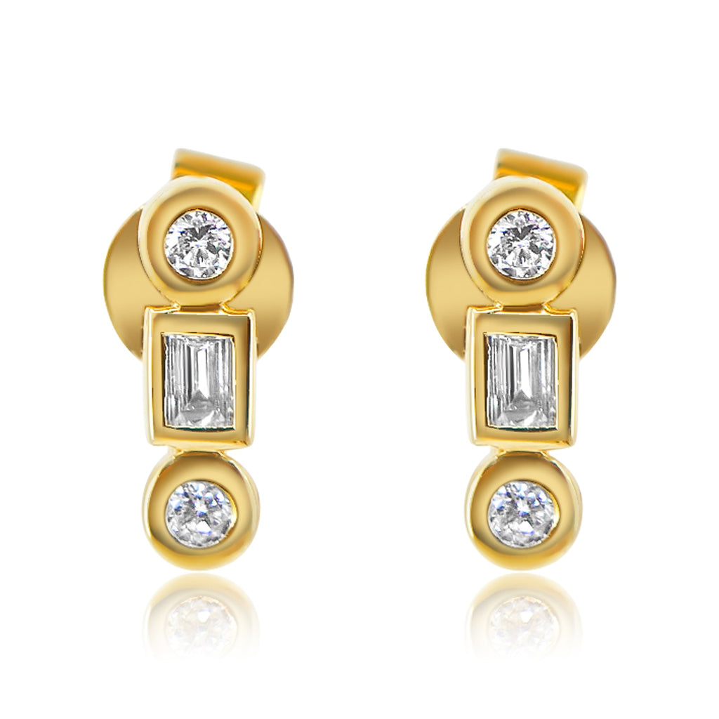 Solid Gold Bezel Round Rectangle Diamond Line Stud Earring