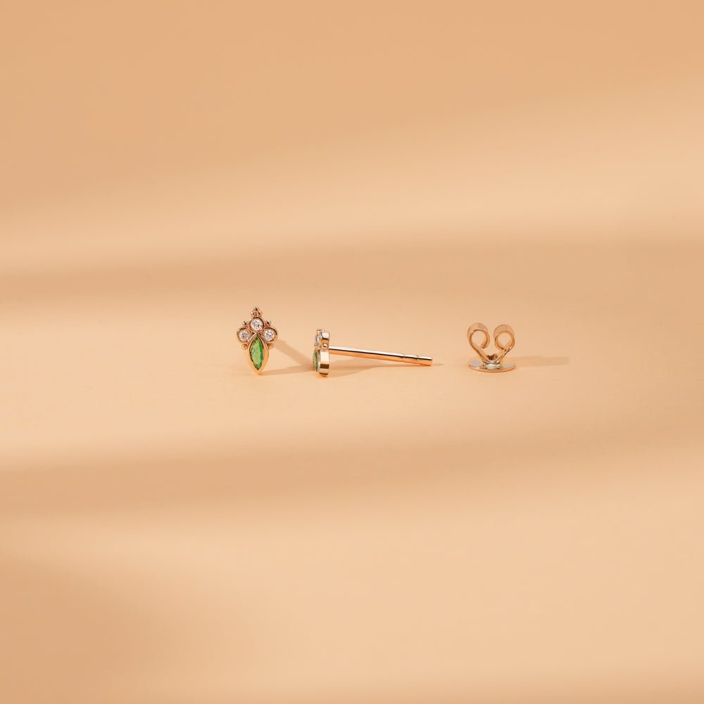 Solid Gold Triple Diamond Marquise Emerald Studs