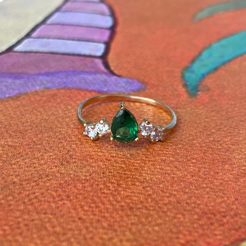 Solid Gold Pear Emerald Anniversary Ring