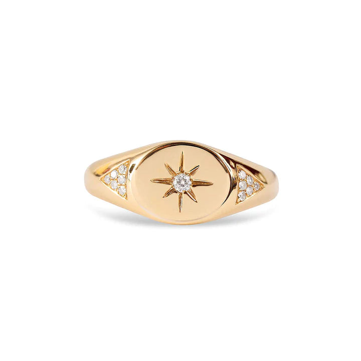 Solid Gold Diamond Star Signet Ring (8B4C33)