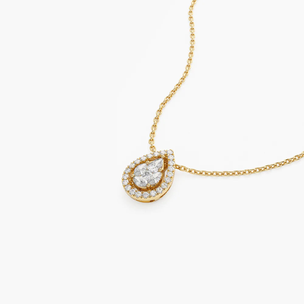 Solid Gold Pear Shaped Illusion Setting Halo Diamond Necklace