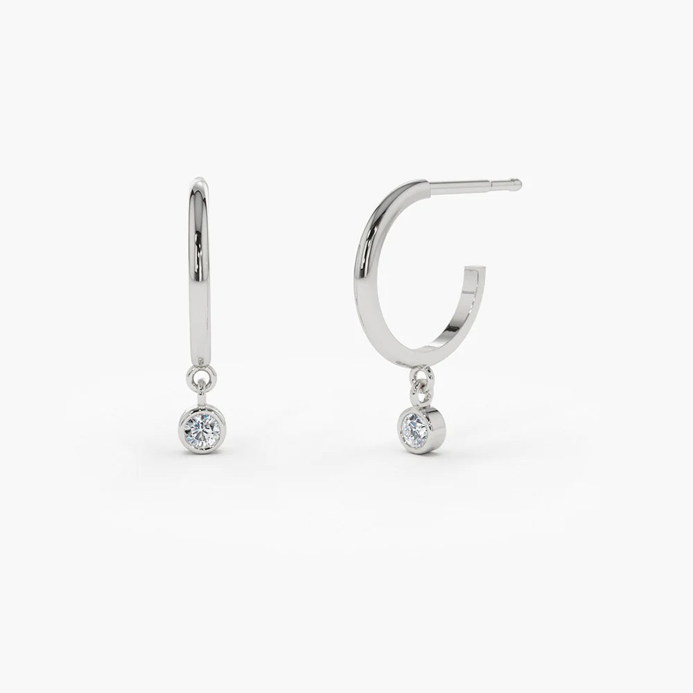 Solid Gold Hoop with Dangling Diamond