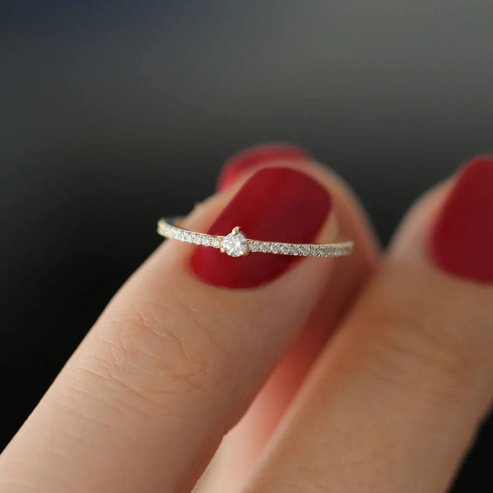 Solid Gold Minimalist Pave Diamond Stacking Ring