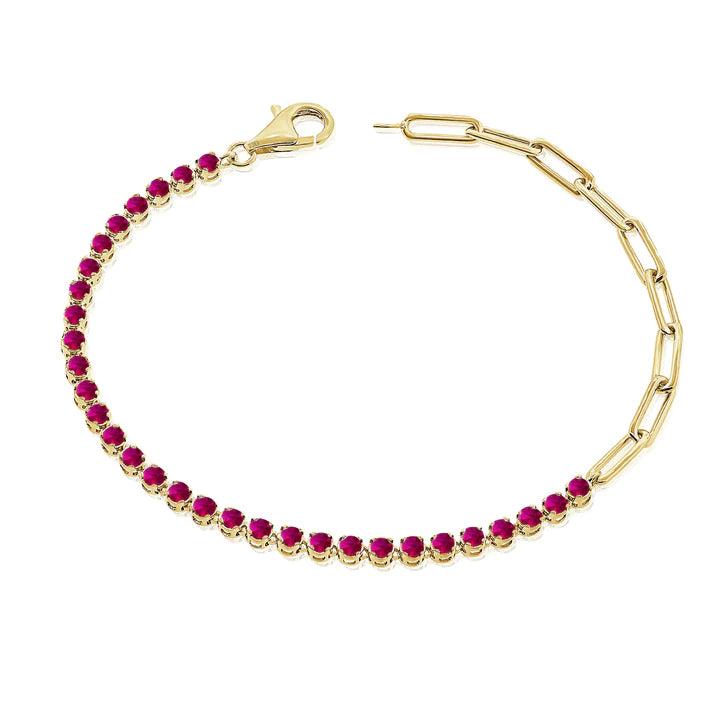 Solid Gold Half Red Ruby Tennis and Paperclip Chain Bracelet