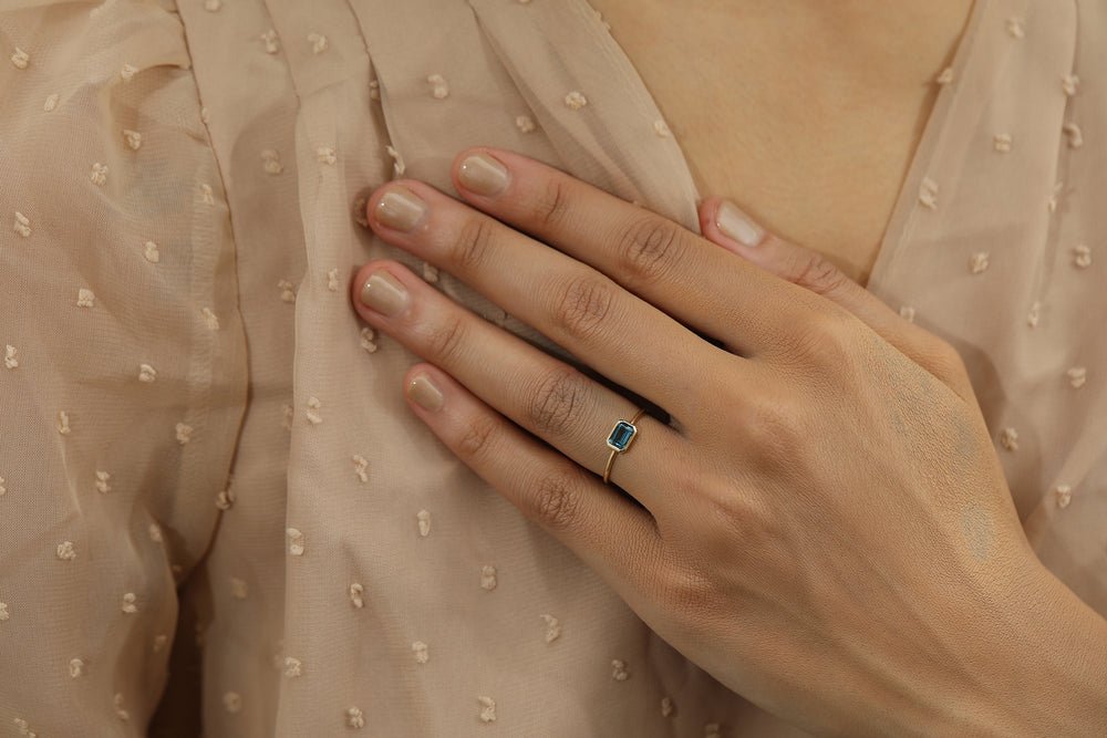 Solid Gold Octagon Blue Topaz Ring