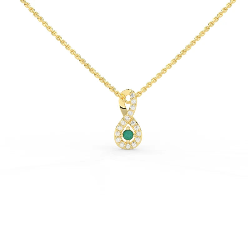 Solid Gold Emerald Necklace with Halo Diamonds