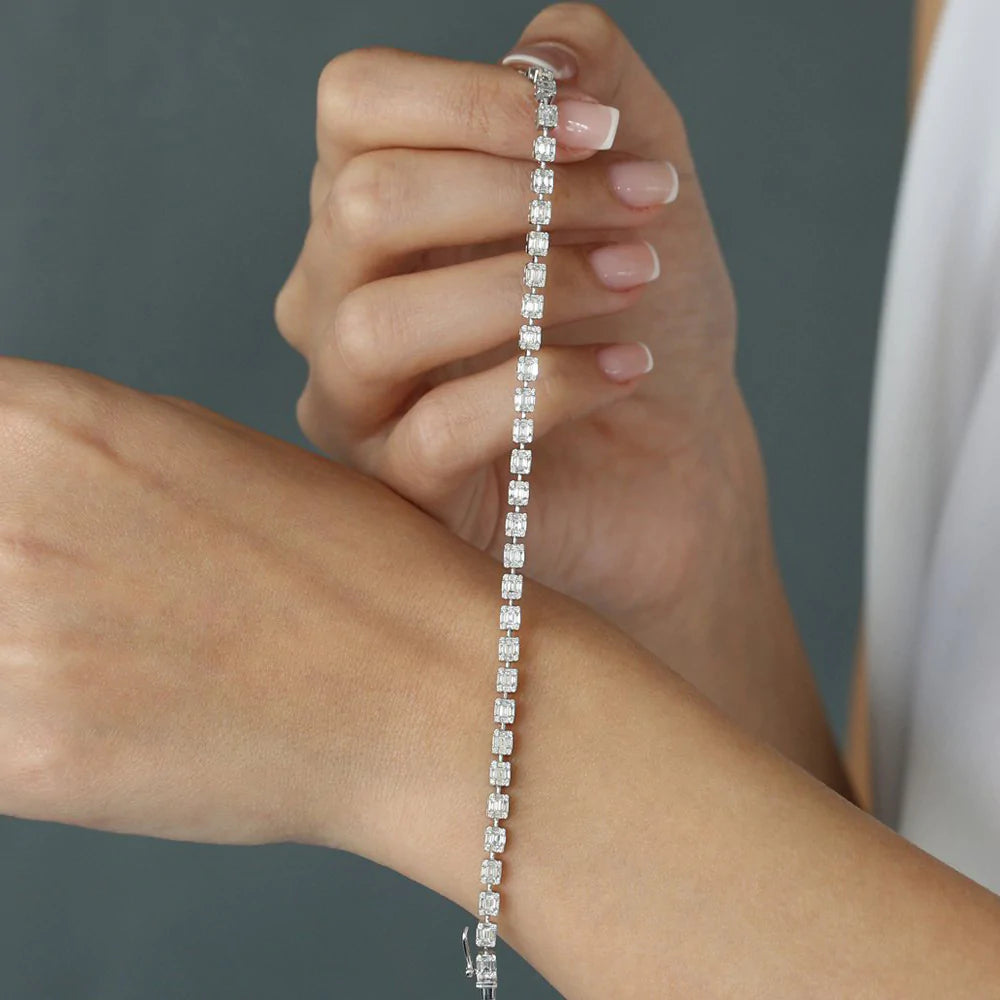 Solid Gold Baguette and Round Diamond Illusion Setting Tennis Bracelet