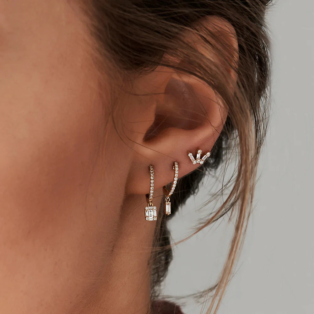 Solid Gold Lab-Grown Diamond Huggies with Dangling Baguette Diamond Earring