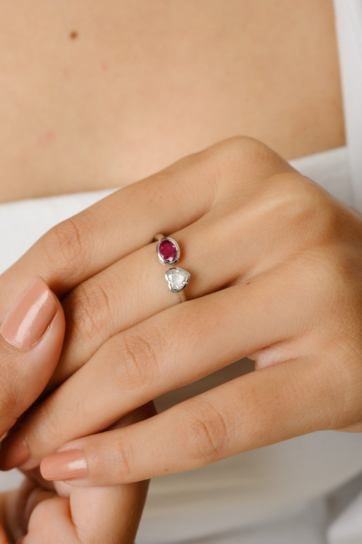 Solid Gold Heart Diamond & Oval Ruby Toi et Moi Ring