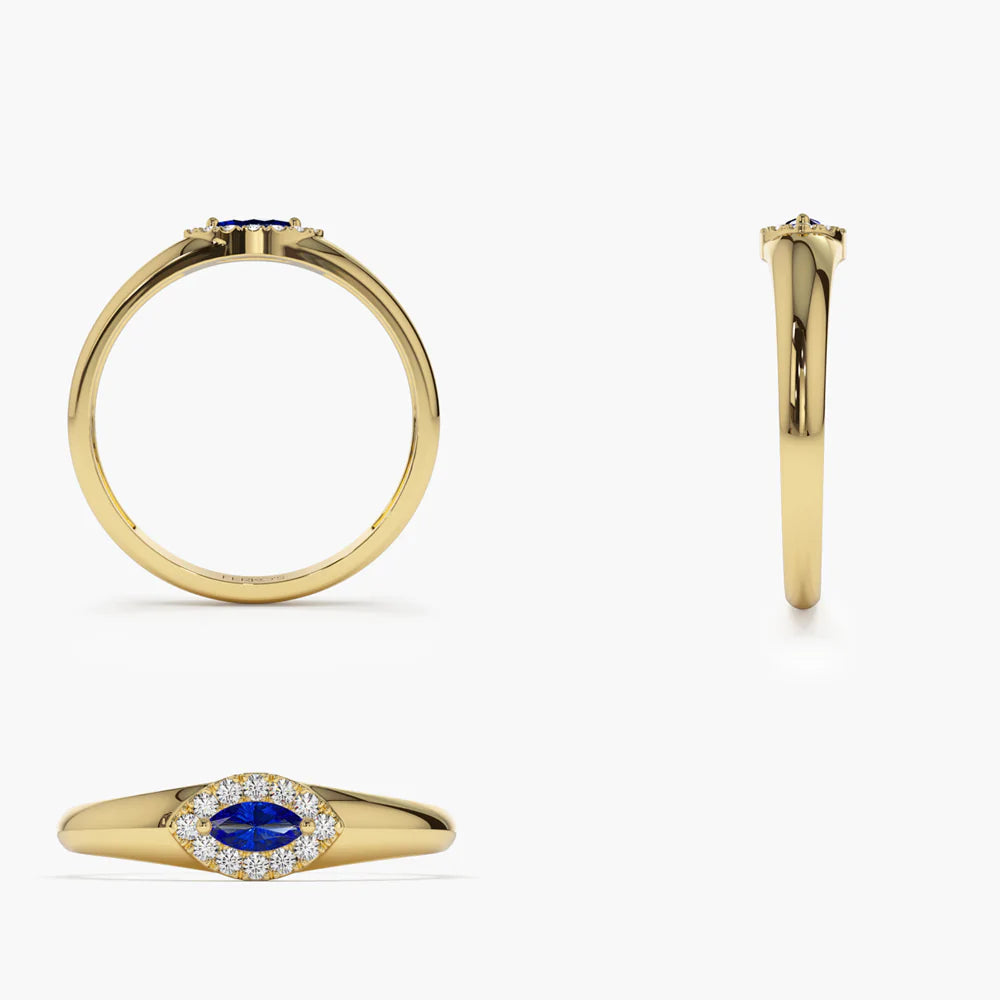 Solid Gold Marquise Sapphire Ring in Halo Setting