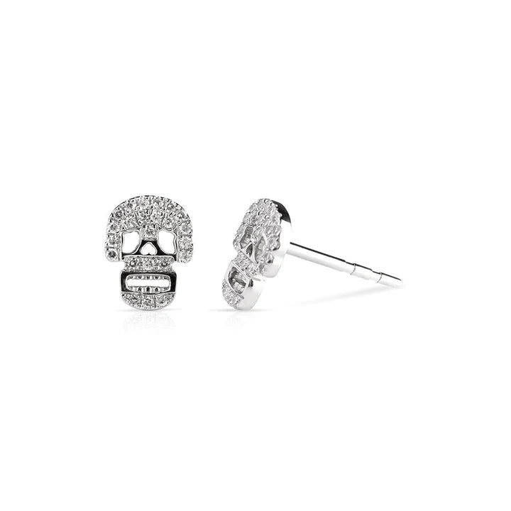 Solid Gold White Diamond Skull Earrings