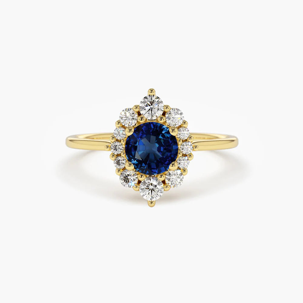 Solid Gold Round Sapphire Halo Diamond Engagement Ring