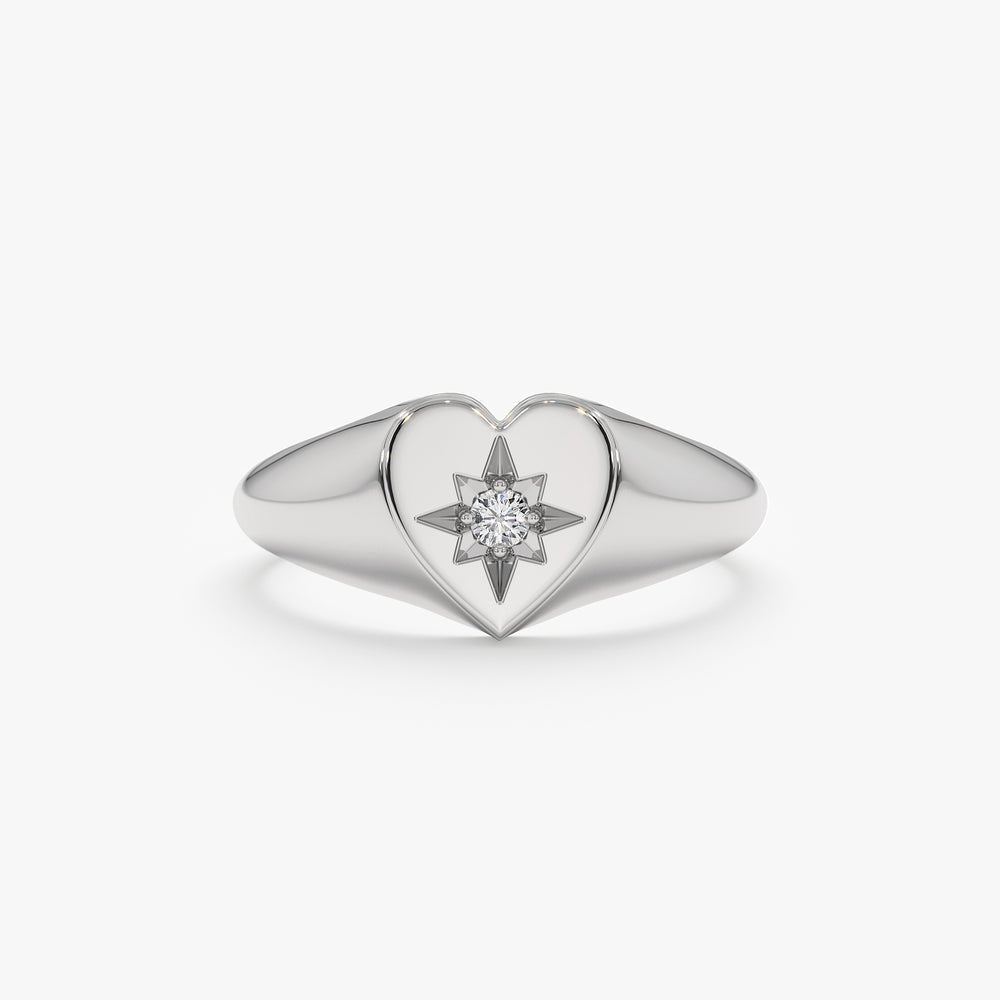 Solid Gold Diamond Starburst In Heart Signet Ring
