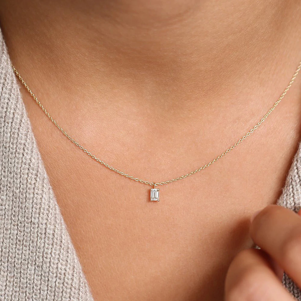 Solid Gold Emerald Cut Diamond Solitaire Necklace