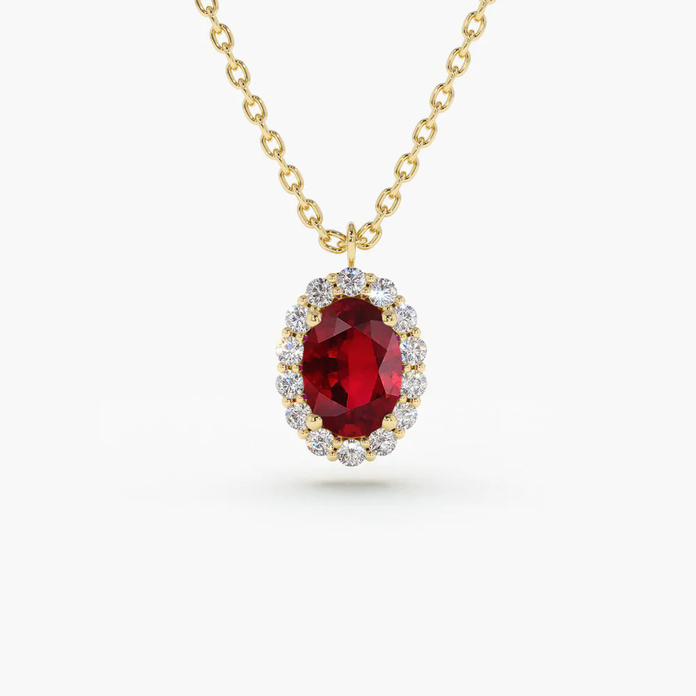 Solid Gold Oval Cut Ruby Halo Diamond Necklace