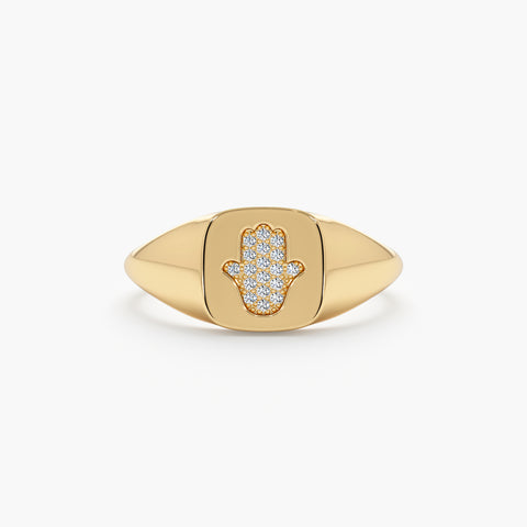 18K Solid Gold Diamond Hamsa Signet Ring
