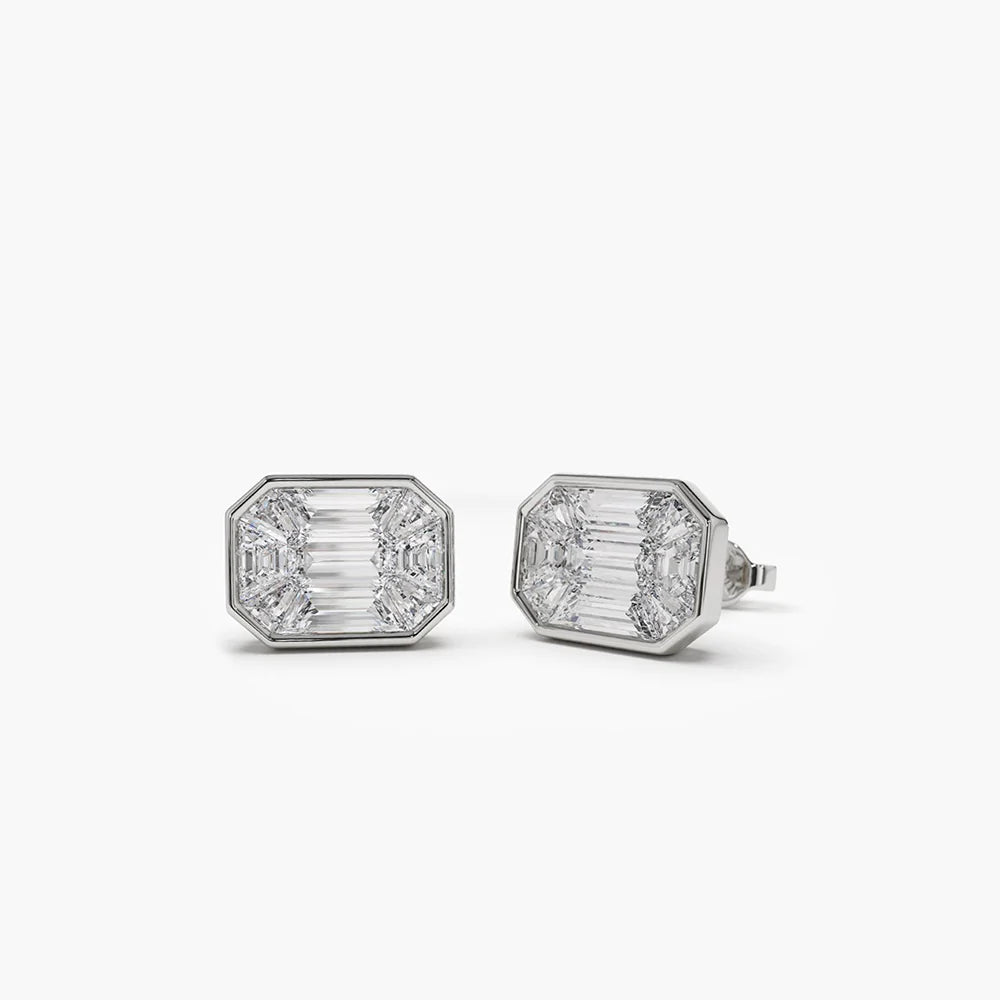 Solid Gold Illusion Setting Step Cut Moissanite Diamond Studs