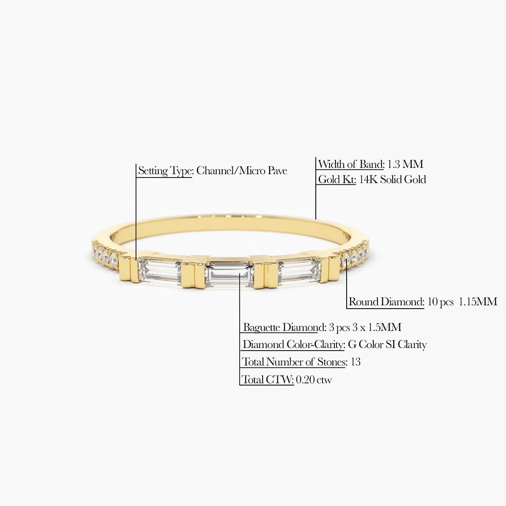 Solid Gold 3 Baguette Matching Diamond Ring