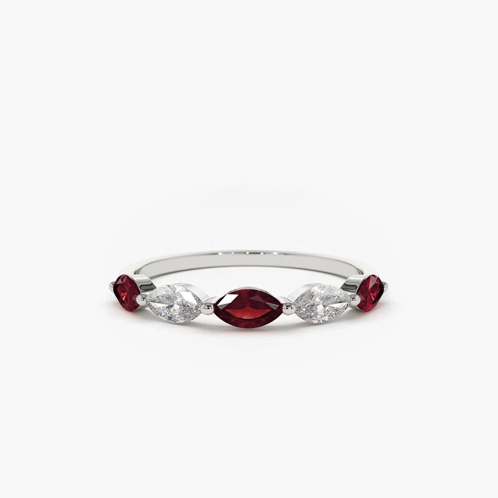 Solid Gold Ruby and Marquise Diamond Alternating Ring