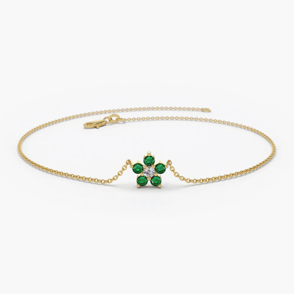 Solid Gold Emerald and Diamond Flower Charm Bracelet