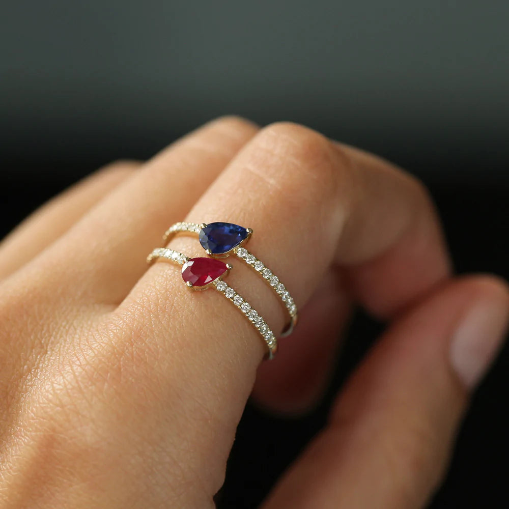 Solid Gold Slanted Pear Shape Ruby Ring with Pave Diamonds
