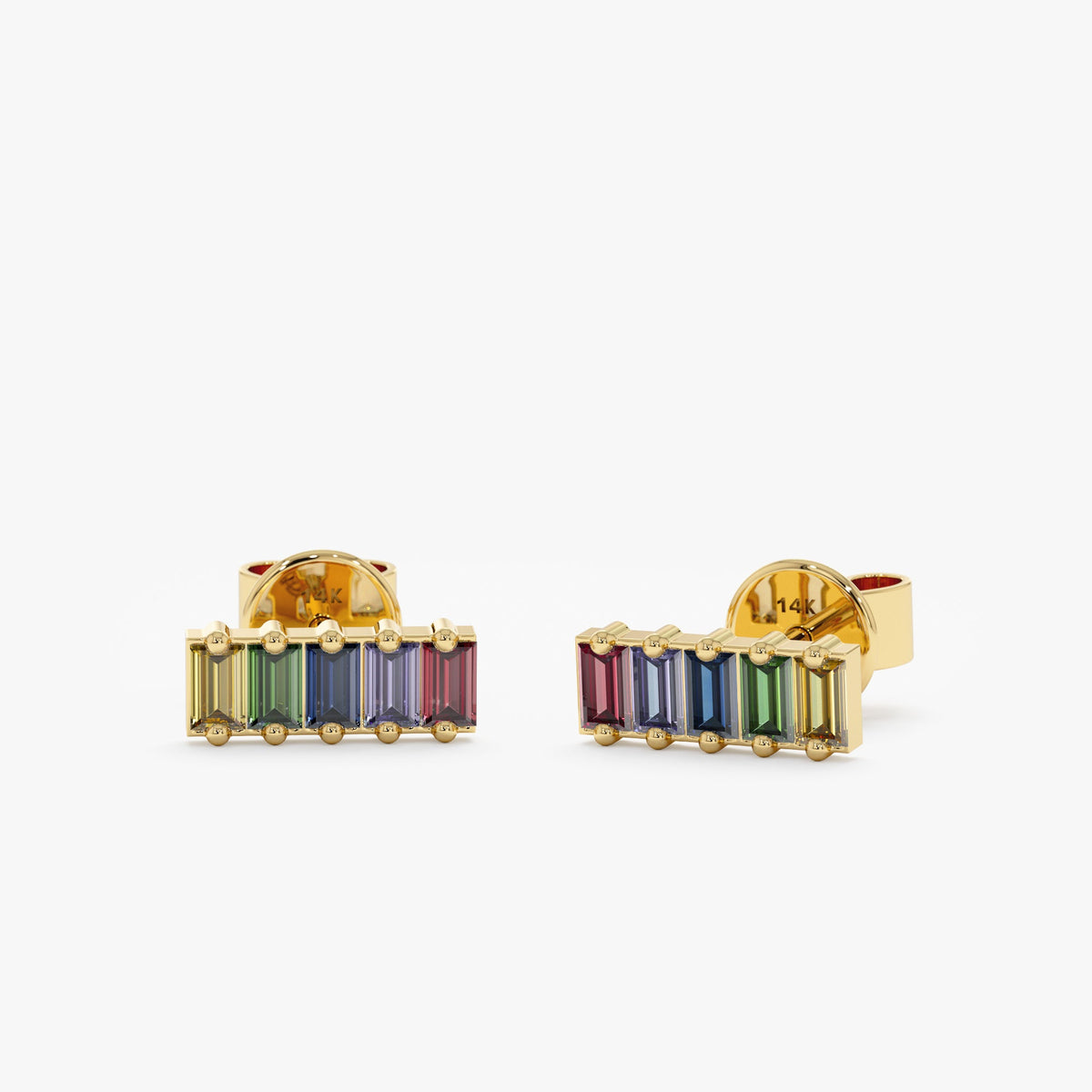 Solid Gold Baguette Rainbow Sapphire Bar Earrings