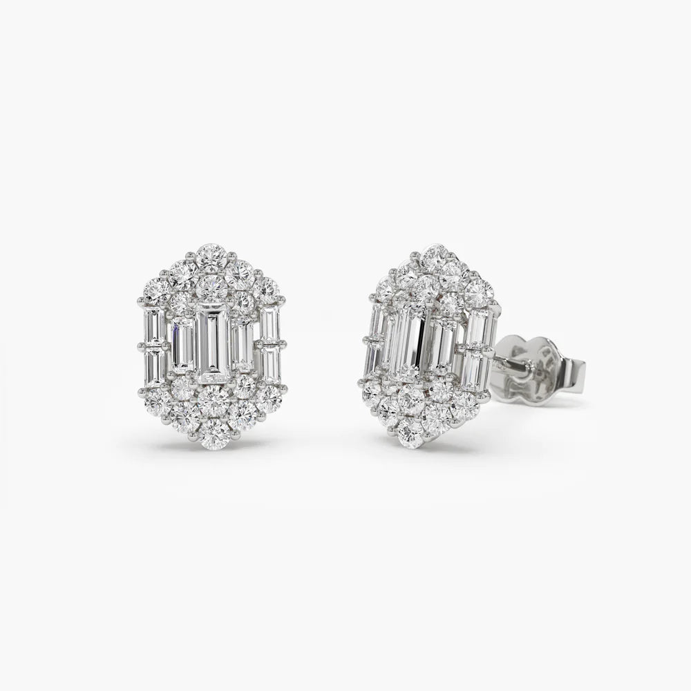 Solid Gold Baguette Diamond Earrings in Halo Setting