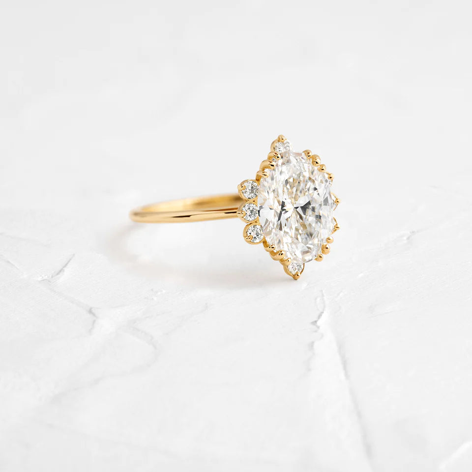 Solid Gold Threaded Ring with Halo, 2ct. Oval Cut Moissanite Diamond
