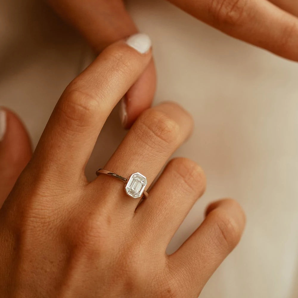 Solid Gold Emerald Cut Illusion Mosaic Solitaire Engagement Ring