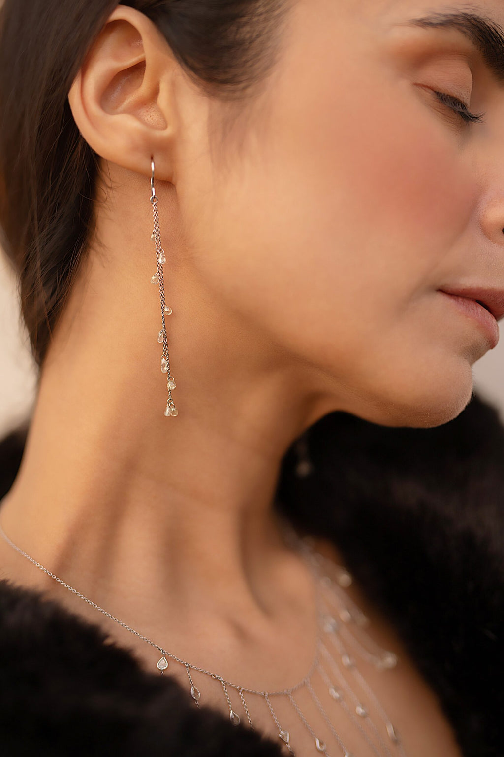 Solid Gold Shoulder Duster Chain Diamond Earrings