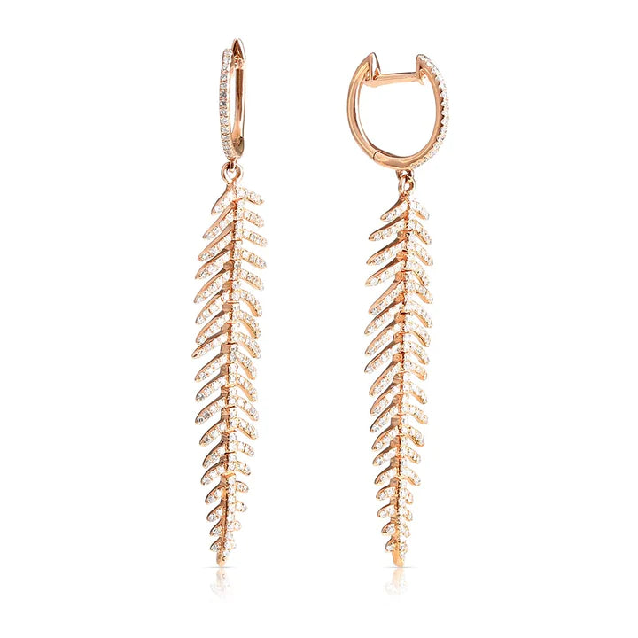 Solid Gold Diamond Feather Drop Earrings