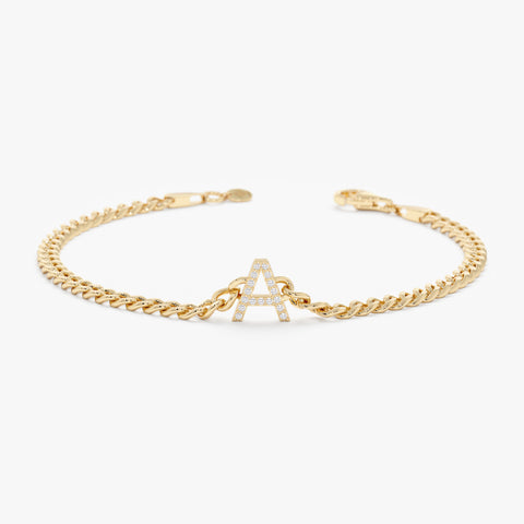 Solid Gold Diamond Initial Cuban Chain Bracelet