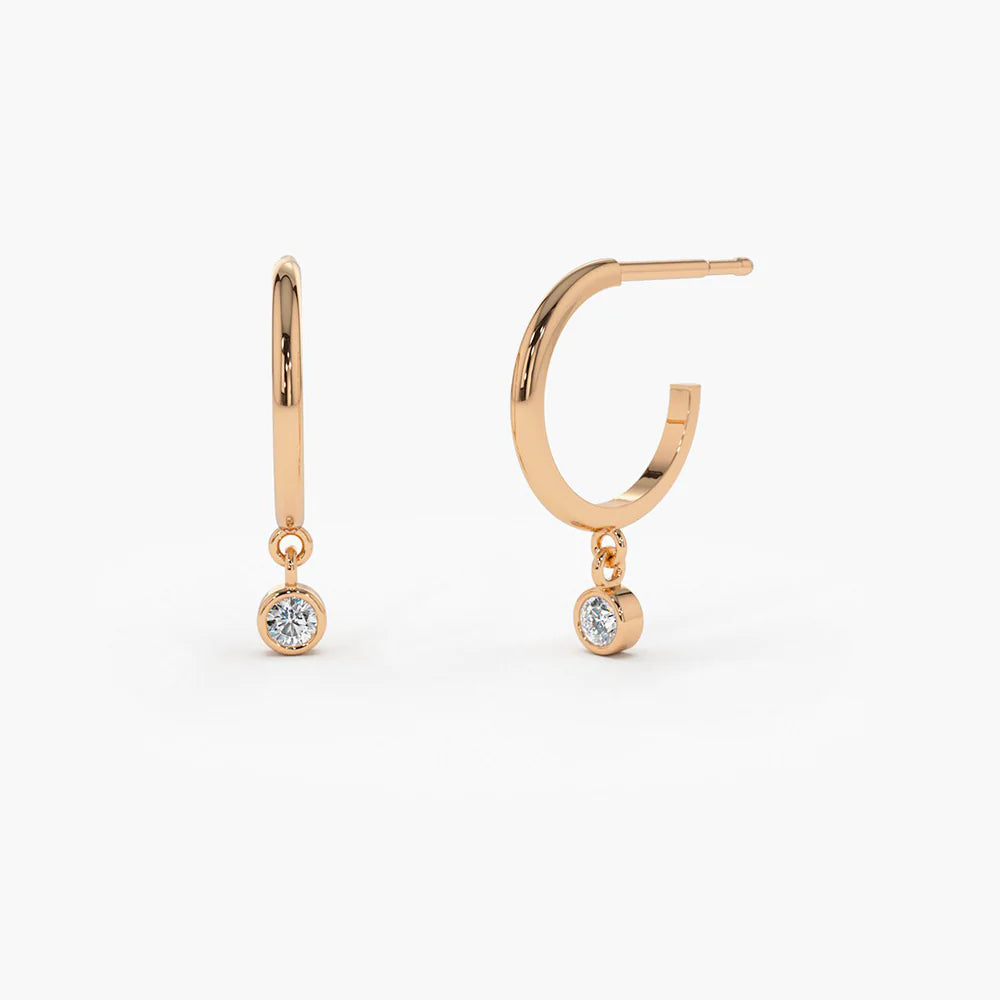 Solid Gold Hoop with Dangling Diamond