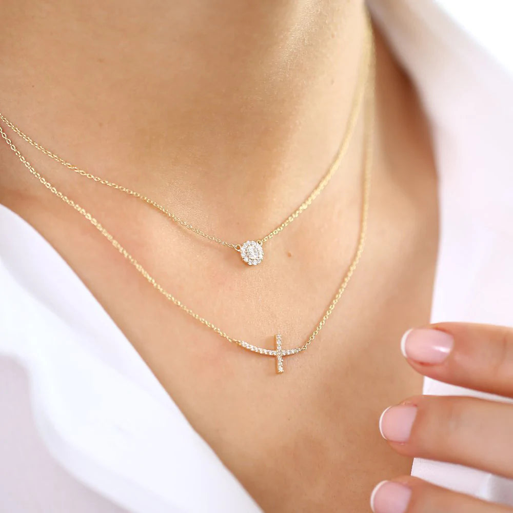 Solid Gold Halo Diamond Necklace