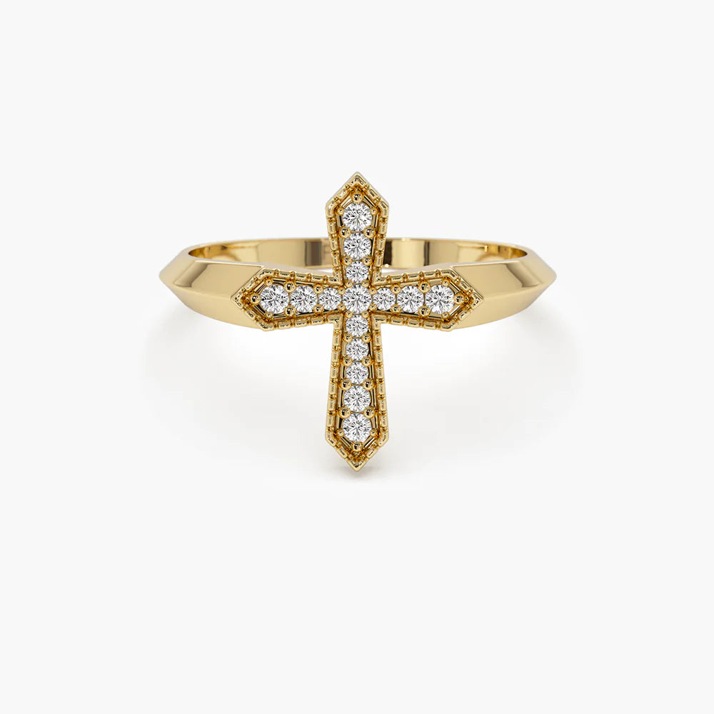14K Solid Gold Diamond Cross Ring