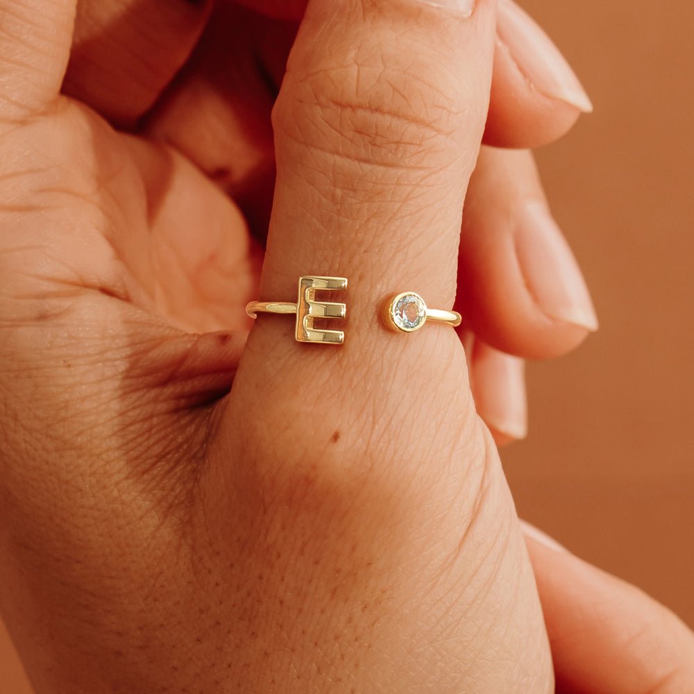Solid Gold Birthstone and Initial Open Ring (789C2A)