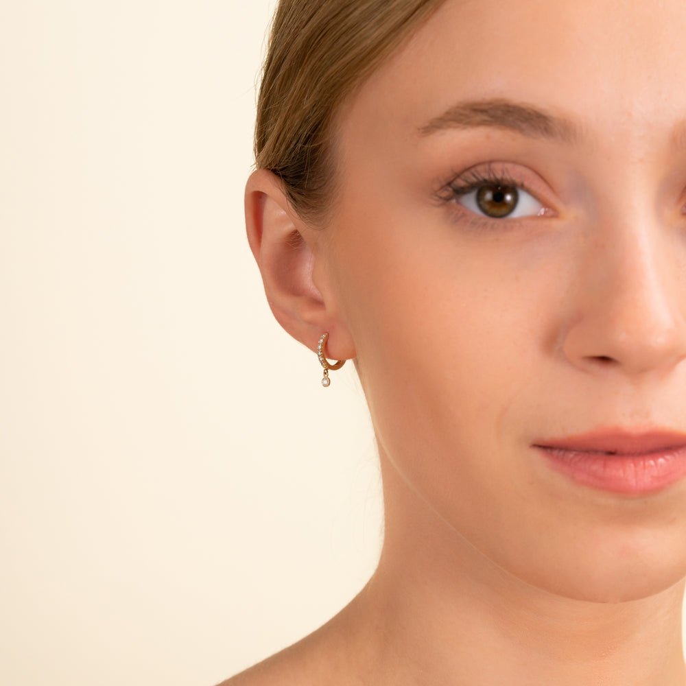 Solid Gold Diamond Drop Hoop Earrings
