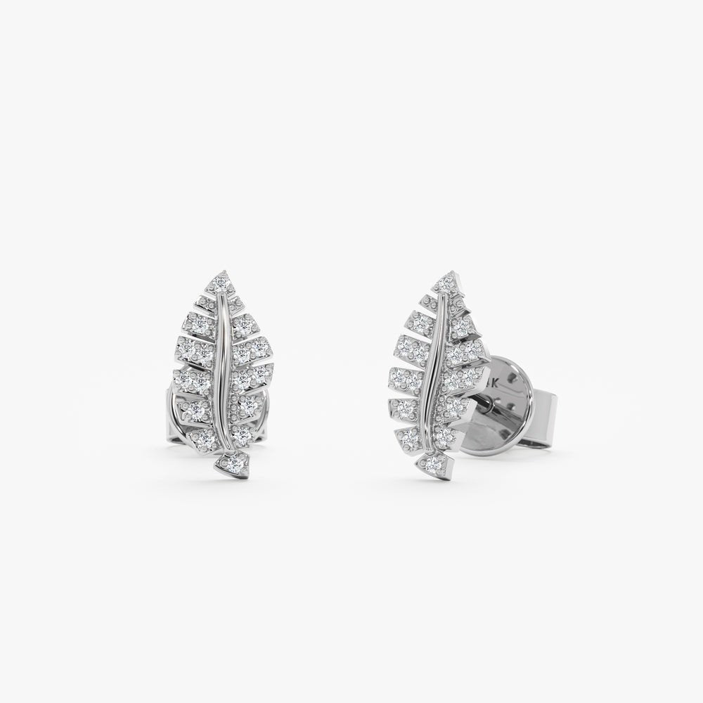 Solid Gold Diamond Leaf Stud Earrings