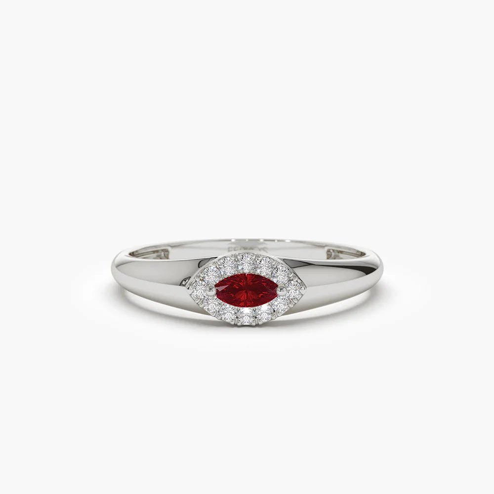 Solid Gold Marquise Ruby Ring in Halo Setting