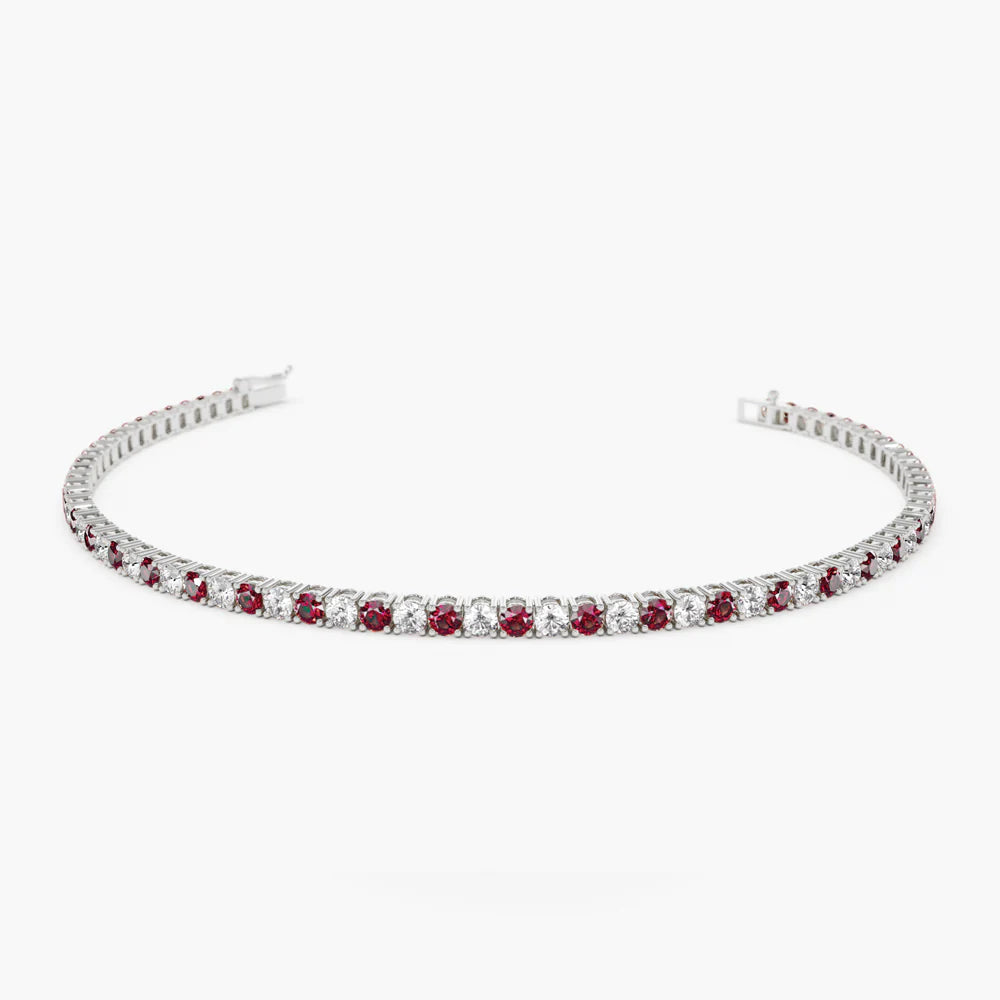 Solid Gold Prong Setting Diamond and Ruby Tennis Bracelet